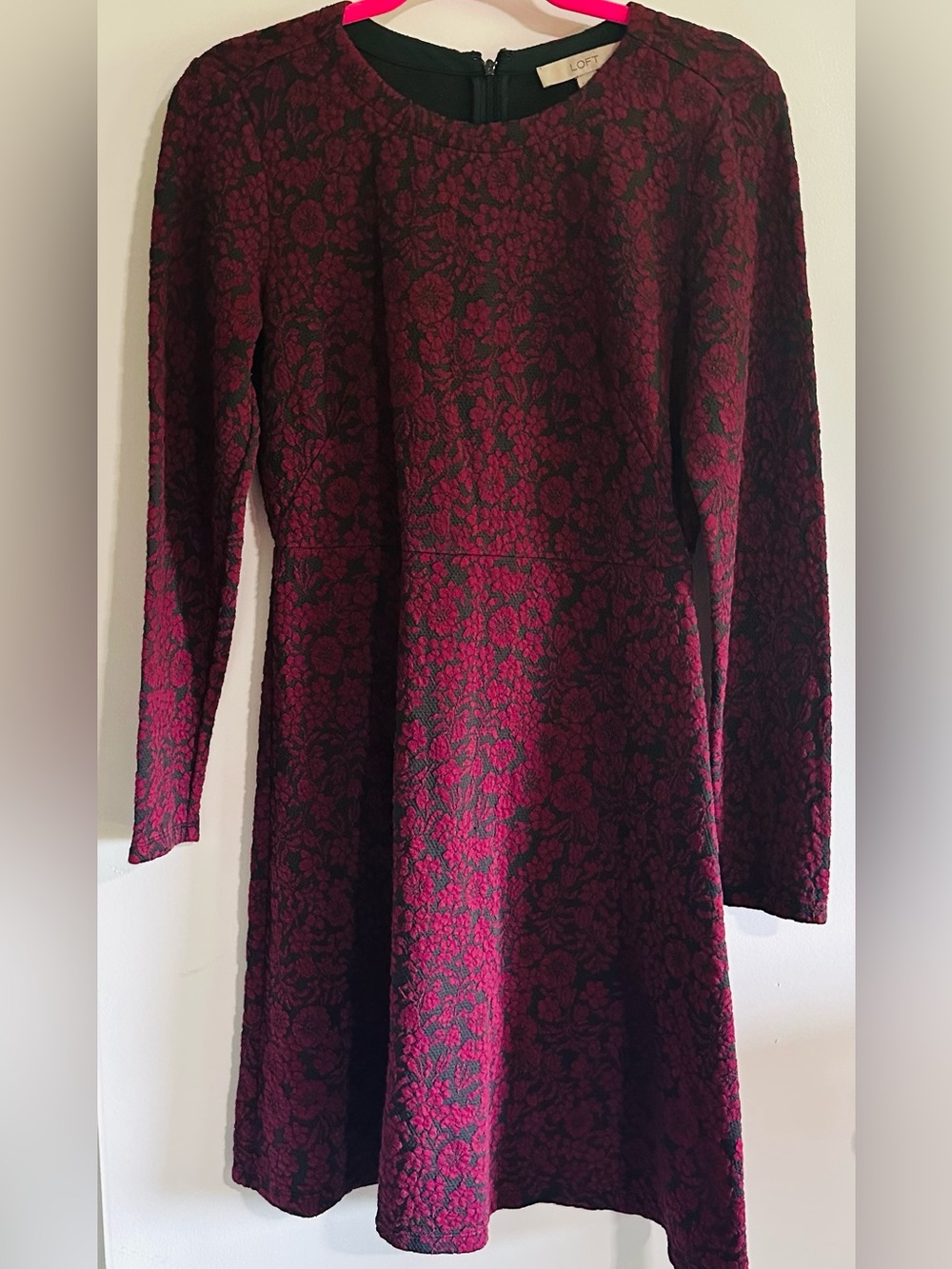 LOFT Burgundy and Black Floral Lace Long-Sleeve Fit & Flare Dress